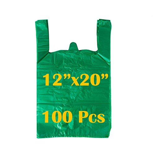 Product Cover LazyMe 12 x 20 inch Plastic Thick Green T Shirt Bags, Handle Shopping Bags, Multi-Use Large Size Merchandise Bags, Green Plain Grocery Bags, Durable, (Green) (100, Green)