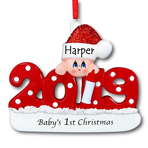 Product Cover 2019 Baby's First 1st Christmas Hanging Ornament Red with Polka Dots and Glittered Santa Claus Stocking Hat for Baby Boy or Baby Girl with Free Name Personalization