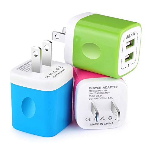 Product Cover Wall Charger, [3-Pack] 5V/2.1AMP Ailkin Colorful 2-Port USB Wall Charger Home Travel Plug Power Adapter Replacement for iPhone 7/7 plus, 6s/6s plus, Samsung Galaxy S7 S6, HTC, LG, Table, Motorola More