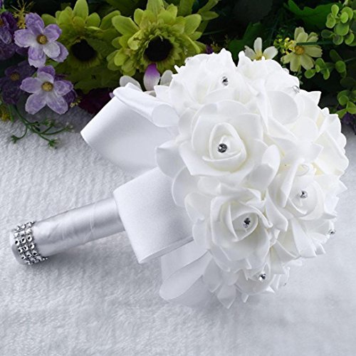 Product Cover Gotd Crystal Roses Pearl Bridesmaid Wedding Bouquet Bridal Artificial Silk Flowers (White)