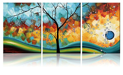 Product Cover Ode-Rin Art - Modern Abstract Landscape Wall Art Tree 3 Pieces Artwork Blue Framed Giclee Canvas Prints for Living Room Home Decor, Ready to Hang - 36x16 Inch