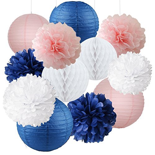Product Cover 12pcs Mixed Navy Blue Pink White Party Tissue Pom Poms Hanging Paper Lantern Honeycomb Balls Nautical Themed Vintage Wedding Birthday Girl Baby Shower Nursery Decoration