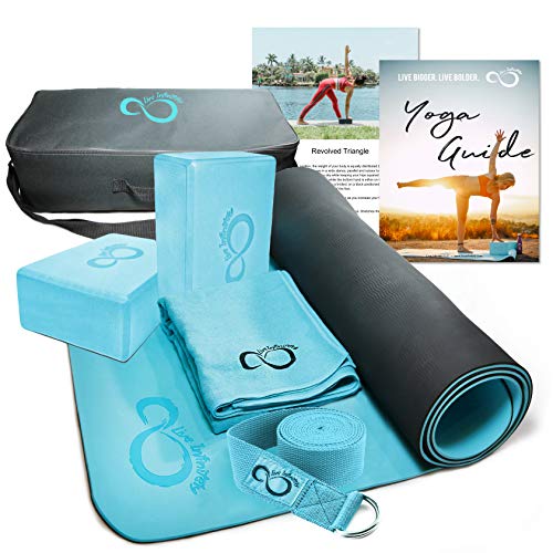 Product Cover Live Infinitely Complete 6 Piece Yoga Set 6mm Dual Layer Non-Slip TPE Yoga Mat, 2 EVA Foam Blocks, 9' Cotton Strap, Mat Sized Exercise Towel & Carrying Case- Perfect Kit for Any Yogi (Teal)