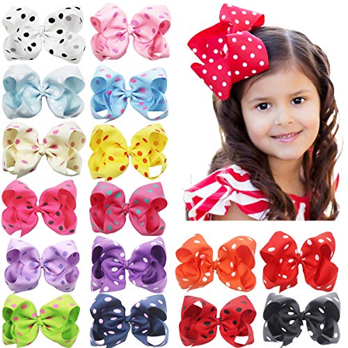 Product Cover 6 Inch Large Big Bows Boutique Grosgrain Ribbon Polka Dot Bow Alligator Hair Clips for Baby Girls Toddlers Kids Teens Pack of 16