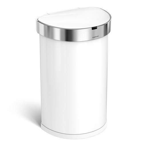 Product Cover Trash can only, White Steel: simplehuman Semi-Round Sensor Can with Liner Pocket, Hands-free Automatic Trash Can, White Stainless Steel, 45 L / 11.8 Gal