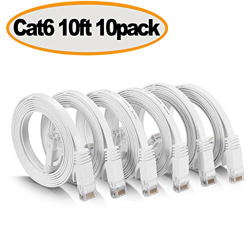 Product Cover Cat 6 Ethernet Cable - Flat Internet Network Cable - Cat6 Ethernet Patch Cable Short - Cat 6 Computer LAN Cable with Snagless RJ45 Connectors (10ft-10Pack-White)
