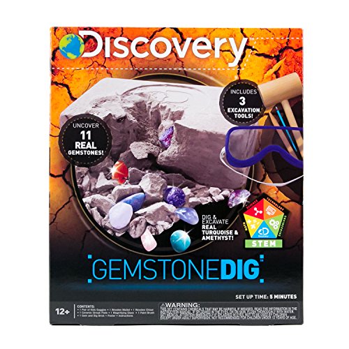 Product Cover Discovery Kids Gemstone Dig Stem Science Kit by Horizon Group USA, Excavate, Dig & Reveal 11 Real Gemstones, Includes Goggles, Excavation Tools, Streak Plate, Magnifying Glass & More
