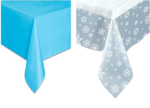 Product Cover Snowflakes Winter Plastic Tablecloth Set - One Clear Snowflakes Table Cover and One Solid Light Blue Plastic Tablecloth, Great For Holiday Frozen Party. Tablecover.