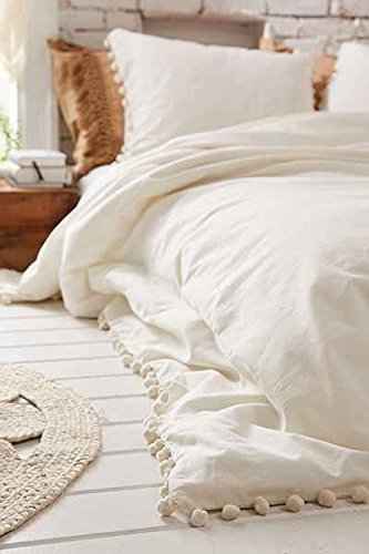 Product Cover Flber White Pom-Fringe Duvet Cover King Queen, Queen Size, 86in x 90in (86in x 90in)