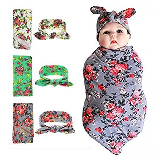 Product Cover Newborn Swaddle Blanket Headband with Bow Set Baby Receiving Blankets (A Floral 3 Packs)