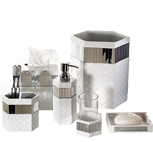 Product Cover Creative Scents Quilted Mirror Bathroom Accessories Set, 6 Piece Bath Set Collection Features Soap Dispenser, Toothbrush Holder, Tumbler, Soap Dish, Tissue Cover, Wastebasket (White)