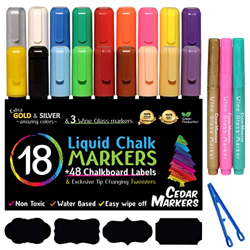 Product Cover Cedar Markers Liquid Chalk Markers - 18 Pack Chalkboard Markers for Chalkboards. Reversible Bullet And Chisel Tip. Chalk Board Marker paint Water Based Non-Toxic.