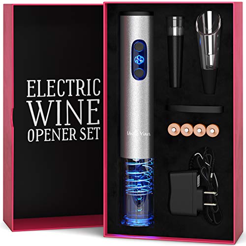 Product Cover Electric Wine Opener Set with Charger and Batteries- Wine Lover Gift Set - St. Valentine's Holiday Kit with Batteries and Foil Cutter Uncle Viner G105