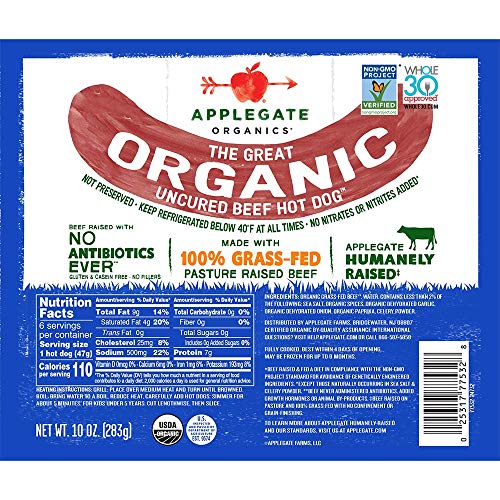 Product Cover Applegate Great Organic Beef Hot Dog Uncured, 10oz
