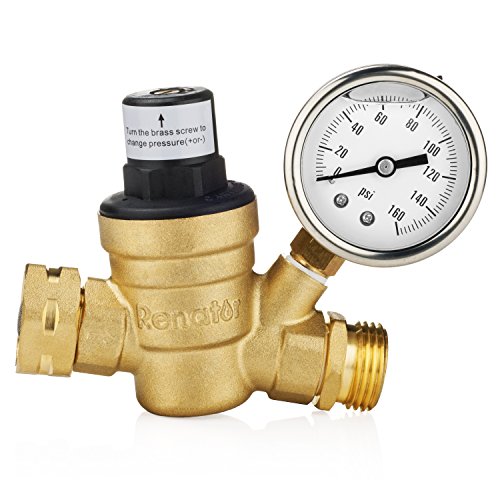 Product Cover Renator M11-0660R Water Pressure Regulator Valve. Brass Lead-Free Adjustable Water Pressure Reducer with Gauge for RV Camper, and Inlet Screened Filter