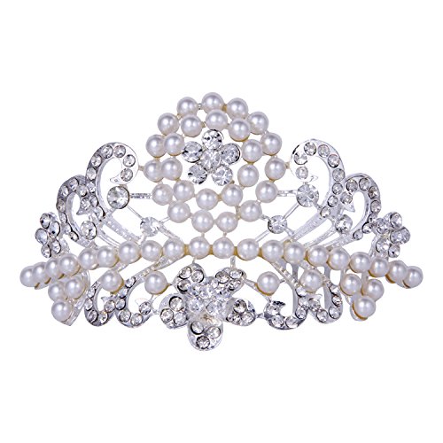Product Cover ROFIFY Audrey Hepburn Style Classic Vintage Pearl Crystal Silver Plated Crown with Comb Wedding Bridal Flower Tiara Headband FJ07