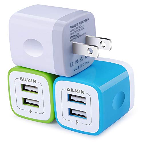 Product Cover Wall Charger, Ailkin [3-Pack] 5V/2.1AMP Colorful Dual Port USB Wall Charger Home Travel Plug Power Adapter for iPhone 7/7 Plus, 6s/6s Plus, Samsung Galaxy S7 S6, HTC, LG, Table, Motorola and More
