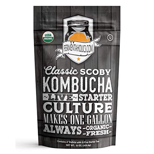 Product Cover Fermentaholics Organic Kombucha SCOBY with Twelve Ounces of Starter Tea - Live Starter Culture - Makes A One Gallon Batch - 1.5 Cups of Strong Mature Starter Tea - Brew Your Own Kombucha