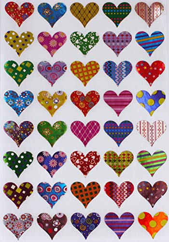 Product Cover Valentine Heart Sticker - Assorted Patterns foil Stickers in Red, Pink, Stars, Flowers, Stripes and Dots - Permanent Adhesive - 400 Pack - by Royal Green
