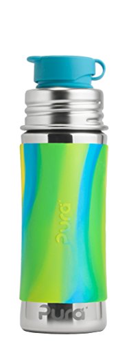 Product Cover Pura Sport 11 oz / 325 ml Stainless Steel Kids Sport Bottle with Silicone Sport Flip Cap & Sleeve, Aqua Swirl (Plastic Free, NonToxic Certified, BPA Free)