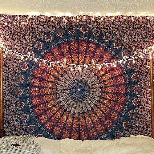 Product Cover Bless International Indian Hippie Bohemian Psychedelic Peacock Mandala Wall Hanging Bedding Tapestry (Golden Blue, Twin(54x72Inches)(140x185cms))
