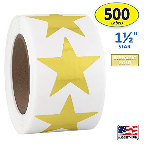Product Cover Gold Metallic Star Shape Foil Sticker Labels, 500 Labels per Roll, 1 1/2 inch Diameter, 1.5