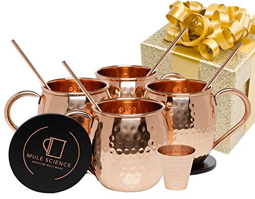 Product Cover Mule Science Moscow Mule Copper Mugs - Set of 4 - 100% HANDCRAFTED - Pure Solid Copper Mugs 16 oz Gift Set with BONUS: Highest Quality Cocktail Copper Straws, Coasters and Shot Glass!