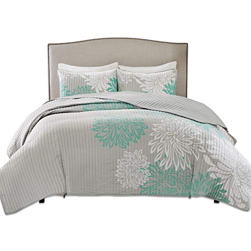Product Cover Comfort Spaces Enya 3 Piece Quilt Coverlet Bedspread Ultra Soft Floral Printed Pattern Bedding Set, Full/Queen, Aqua-Grey