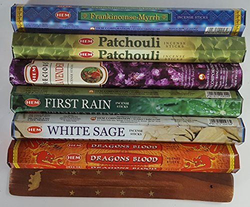 Product Cover Six Most Popular Hem Incense Scents of All Time, 120 Sticks Total, with Free Burner - 20 Sticks Each of Dragon's Blood, Frankincense & Myrrh, Patchouli, Precious Lavender, First Rain, and White Sage
