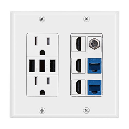 Product Cover 2 Power Outlet 15A with Dual 3.6A USB Charger Port Wall Plate with LED Lighting, DBillionDa 3 HDMI HDTV + 2 CAT6 RJ45 Ethernet + Coaxial Cable TV F Type Keystone Face Plate White