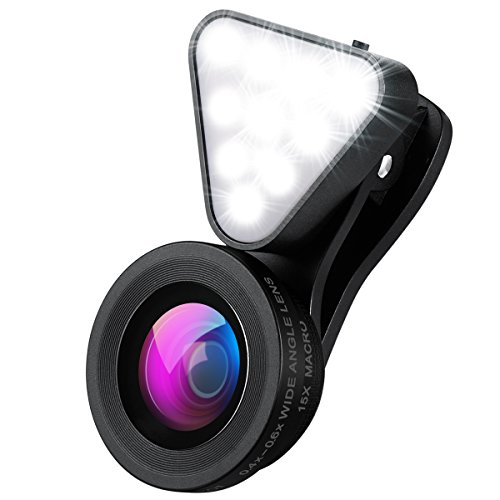 Product Cover AMIR Phone Camera Lens, Rechargeable Selfie Ring Light, 15X Macro Lens & Wide Angle Lens, 3 Adjustable Brightness Fill Light for iPhone X, On-Camera Video Light for iPhone 7 Plus, Samsung, etc