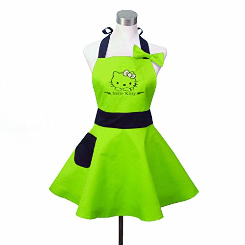 Product Cover Lovely Hello Kitty Green Retro Kitchen Aprons for Woman Girl Cotton Cooking Salon Pinafore Vintage Apron Dress