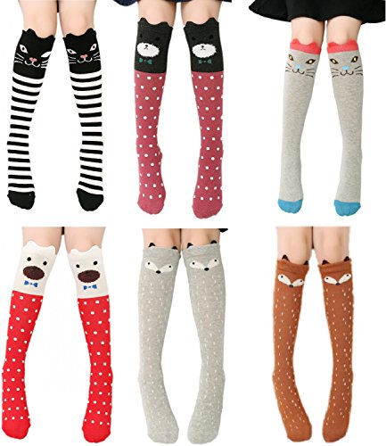 Product Cover Cartoon Animal Cat Bear Fox Cotton over Calf Knee High Socks One Size 6 Colors