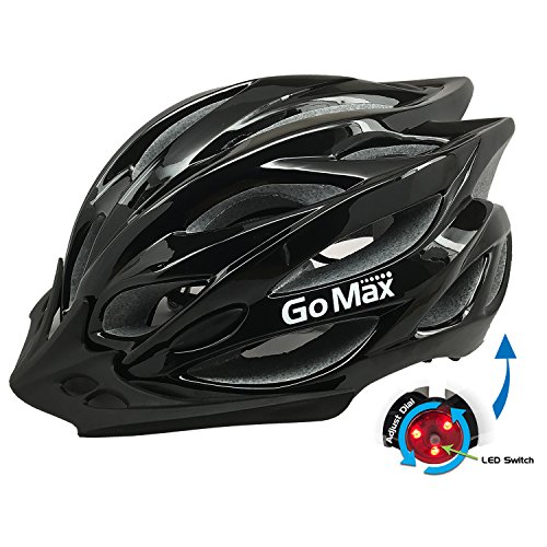 Product Cover GoMax Aero Adult Safety Helmet Adjustable Road Cycling Mountain Bike Bicycle Helmet Ultralight Inner Padding Chin Protector and Visor w/Rear LED Tail Light Adjust (Shiny Black with LED, X-Large)