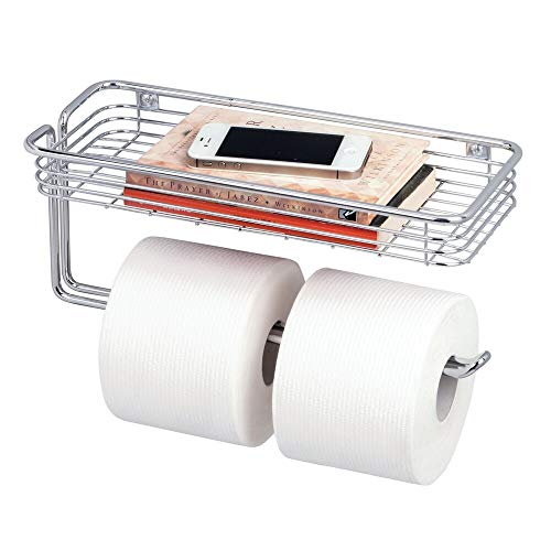Product Cover mDesign Toilet Tissue Paper Holder and Multi-Purpose Shelf - Wall Mount Storage Organizer for Bathroom, Holds 2 Mega Rolls - Durable Metal Wire Design - Chrome