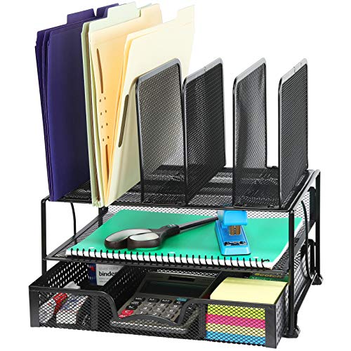Product Cover SimpleHouseware Mesh Desk Organizer with Sliding Drawer, Double Tray and 5 Upright Sections, Black
