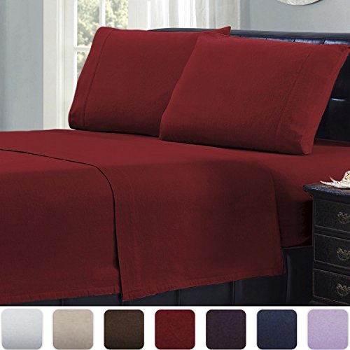 Product Cover Mellanni Queen Flannel Sheet Set - 4 pc Luxury 100% Cotton - Lightweight Bed Sheets - Cozy, Soft, Warm, Breathable Bedding - Deep Pockets - All Around Elastic (Queen, Burgundy)