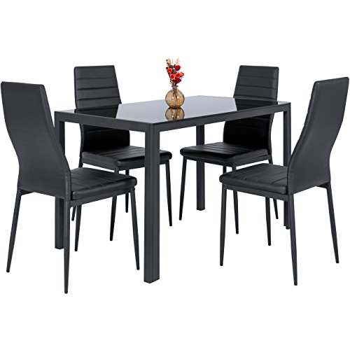 Product Cover Best Choice Products 5 Piece Kitchen Dining Table Set W/Glass Top and 4 Leather Chairs Dinette- Black