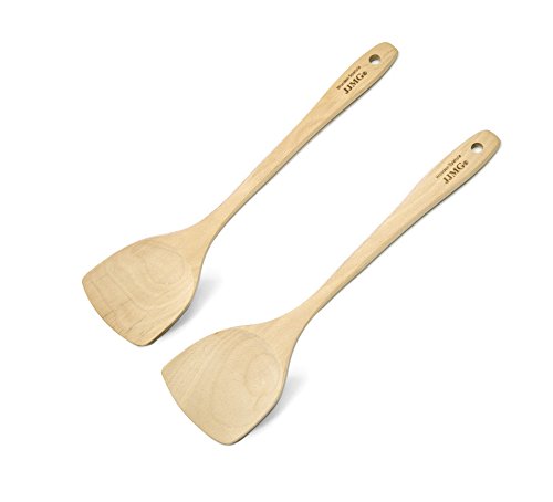 Product Cover Wood Wok Spatula Cooking Utensils JJMG Kitchen Handcrafted Curved Stir Fry Wooden Mixing Spoon Serving Turner Tool (Pack of 2)