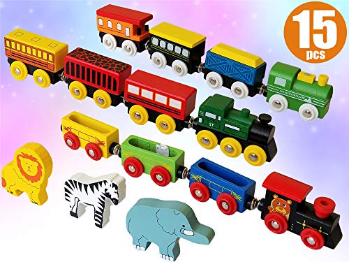 Product Cover ToysOpoly Wooden Train Set 12 PCS - Magnetic Engines with 3 Bonus Animals - Deluxe Toys for Kids Toddler Boys and Girls - Compatible to Thomas Railway, Brio Tracks, and Major Brands