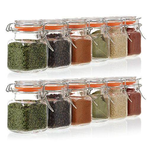 Product Cover 24-Count 3.4 oz Spice Jars with Lids Value Pack. Airtight Glass Bottles for Spices, Condiments, Seasonings and More. Clear Glass Jars with Airtight Lids for Home, Party Favors, and Gifts.