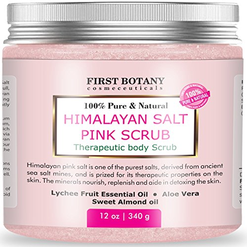 Product Cover 100% Natural Himalayan Salt Full Body Scrub 12 oz with Lychee Oil and Sweet Almond Oil- Best Body scrub, Deep Skin Exfoliator, Anti Cellulite, Body Wash, Moisturizer & Detox