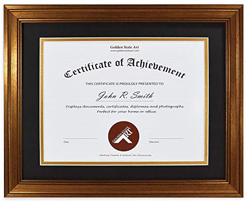 Product Cover Golden State Art, Frame for Diploma/Certificate, Includes Double Mat and Real Glass (Dark Gold Color Frame, Black Over Gold Double mat, 11x14 Frame for 8.5x11 Certificate)