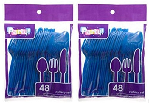 Product Cover Blue Heavy Duty Plastic Cutlery Sets - 32 Spoons, 32 Forks, 32 Knives - 2 packs of 48 each, 96 pcs total