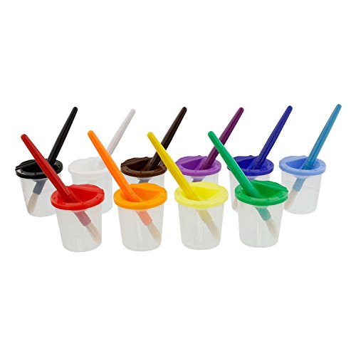 Product Cover U.S. Art Supply 10 Piece Children's No Spill Paint Cups with Colored Lids and 10 Piece Large Round Brush Set with Plastic Handles