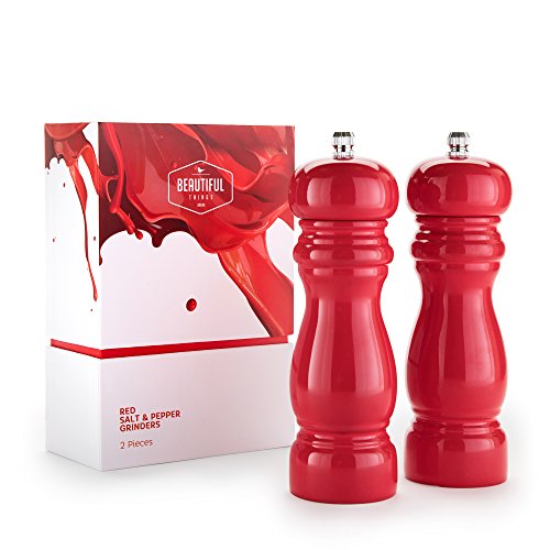 Product Cover Premium Salt & Pepper Grinder Set of 2 - Gorgeous Glossy Red - Professional Chef Standard - Ceramic Mechanism - Stylish Table Decoration - Beautiful To Hold And Use - Salt & Pepper Shakers Mills