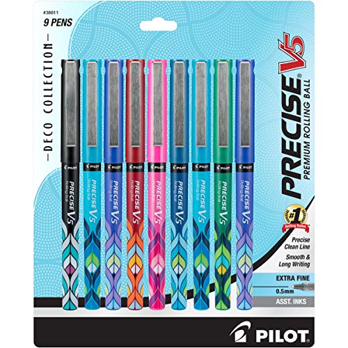 Product Cover Pilot Precise V5 Deco Collection Rolling Ball Pens, Extra Fine Point, 9-Pack, Assorted Colors (38811)