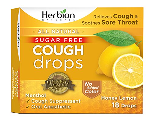 Product Cover Herbion Naturals Sugar-Free Cough Drops with Natural Honey Lemon Flavor, 18 Drops, Oral Anesthetic - Relieves Cough, Throat, and Bronchial Irritation, Soothes Sore Mouth, For Adults and Children 2yo+