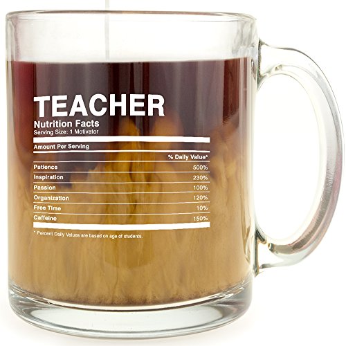 Product Cover Teacher Nutrition Facts - Glass Coffee Mug - Makes a Great Gift Under $15 for Back-to-School Gift!