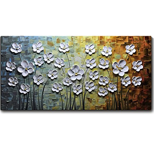 Product Cover V-inspire Paintings, 24x48 Inch Paintings White Daisy Flower Oil Painting 3D Hand-Painted On Canvas Abstract Artwork Art Wood Inside Framed Hanging Wall Decoration Abstract Painting